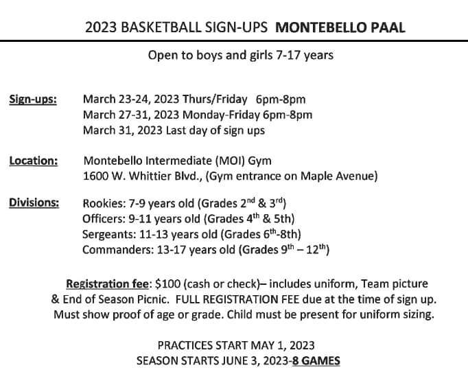 Montebello PAAL Basketball Sign-Ups