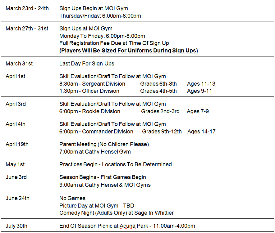 Schedule of Events for 2023 Season