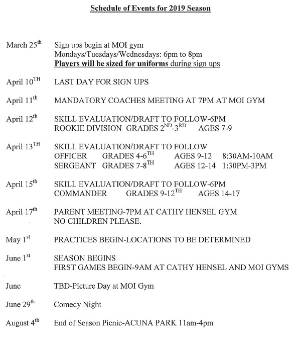 Schedule of Events for 2019 Season